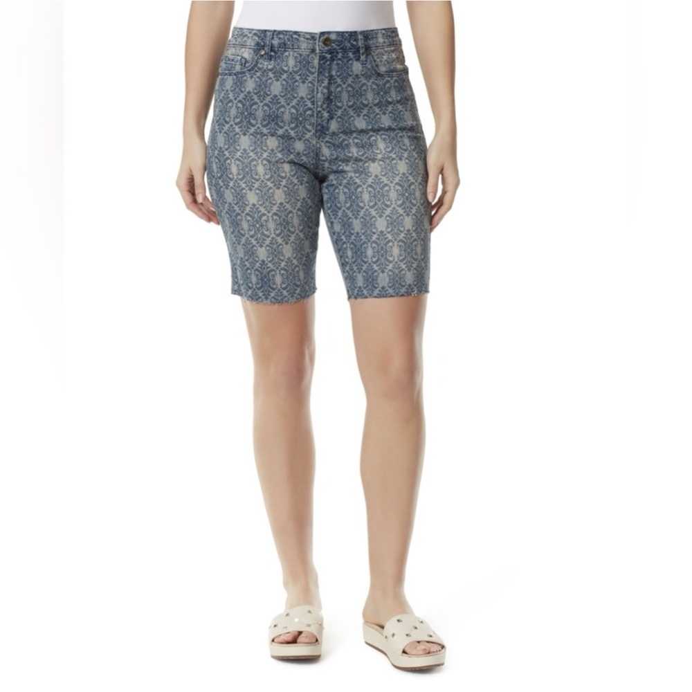 New Anne Klein Jean Shorts Boho Garden Bermudas High Rise Frayed Size 8 Pattern